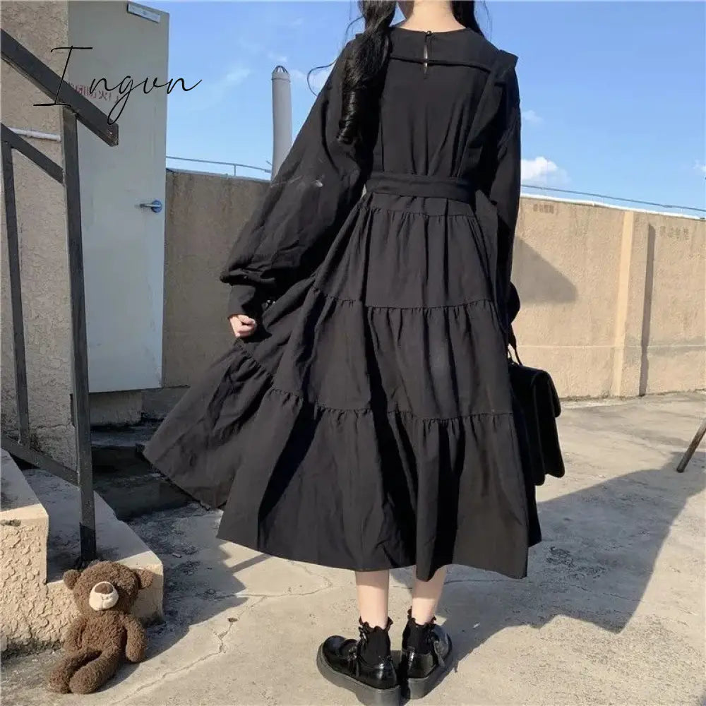 Ingvn - Gothic Style Dress Women Harajuku Gothic Lolita Kawaii Dress Punk Cute Long Sleeve Black Midi Dress Emo Mall Goth