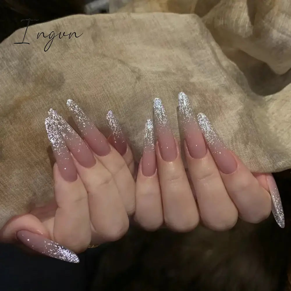 24pcs Short Glitter Purple False Nails  Almond Stiletto French Wearable Fake Nails Art Artificial Full Cover Press on Nail Tips