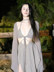 Women's Mesh Two Piece Set Sexy Long Sleeve Lace-up Outer Wear Top+Halter Skinny Hollow Out Lady Dress Suit New Outfit