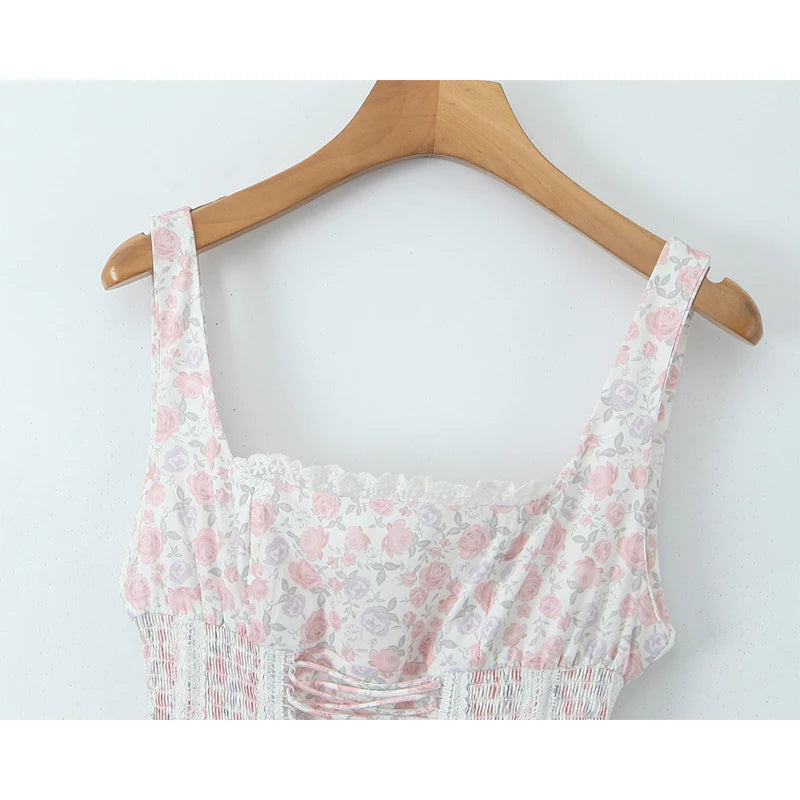 Elegant Women Floral Print Princess Sling Mini Dress Front Bandage Lace Patchwork A-line Summer Dress Holiday Party Robe