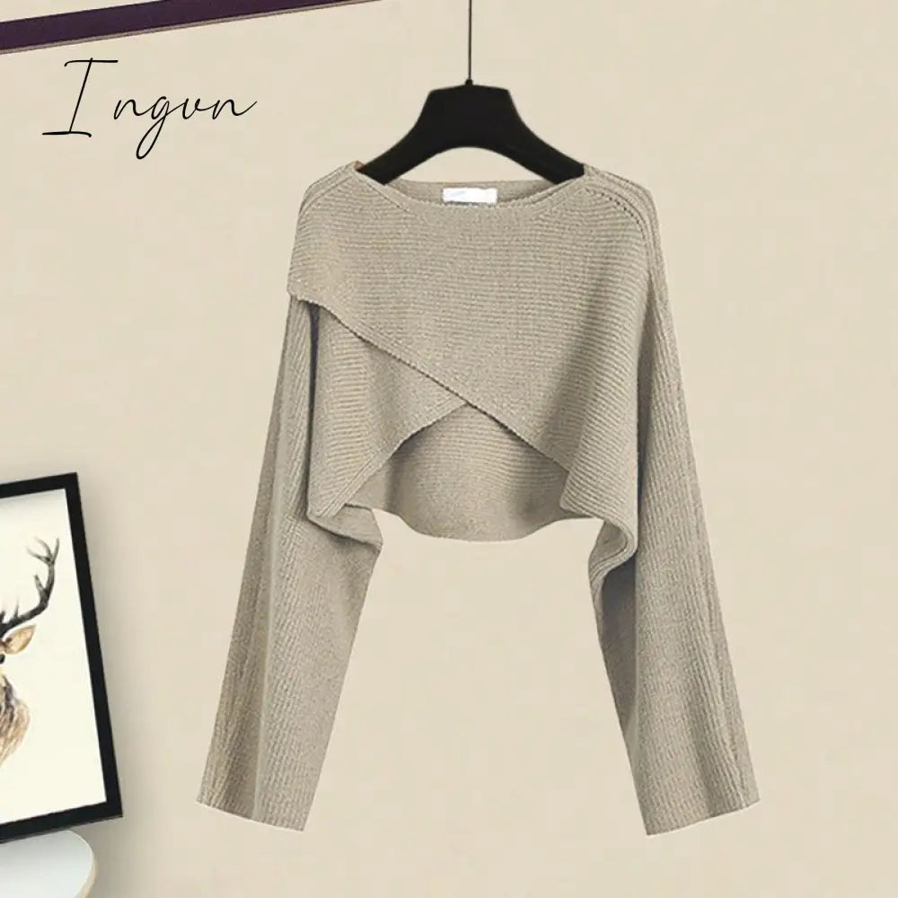 Ingvn - Spring and Autumn Set Women's 2023 New Korean Fashion Cross Knitted Sweater Age Reducing Sling Dress Two Piece Set