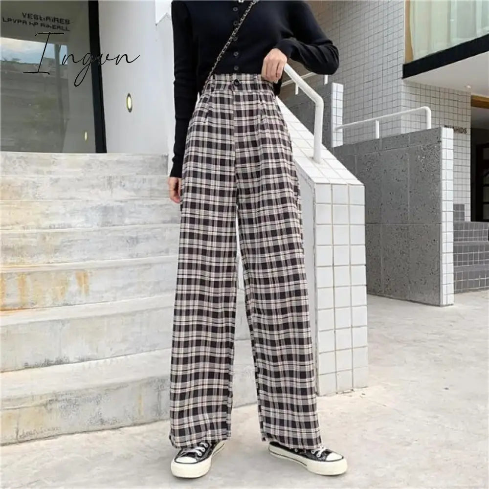 Ingvn - Simple Vintage Plaid Causal Long Women Pants Street Fashion Straight Wide Leg Pant