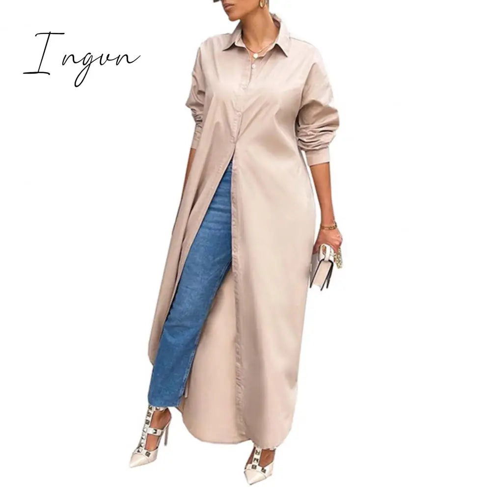 Ingvn - Women Shirt Windproof Shirt Dress Versatile Arc Hem  Stylish Autumn Winter Solid Color Shirt Long Dress