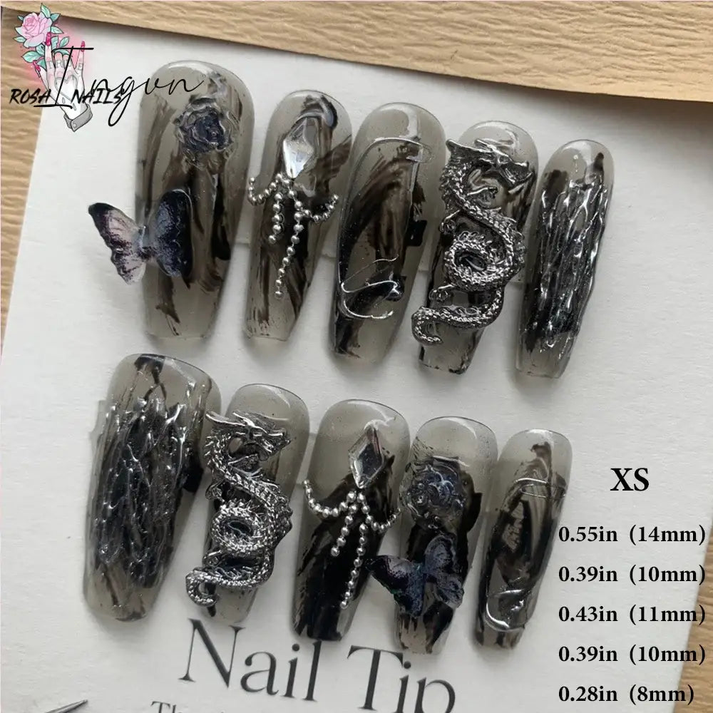 Punk Dragon Charms Press on Nail Artificial Long False Nails XS Black Dragons Goth Presson Tips Butterfly Fake Nail y2k Pressons