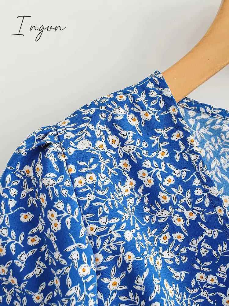 Ingvn - Fashion Foridol Blue Floral Print Summer Beach Dress Women Casual Holiday Short Sleeve Dress Boho Sundress Vestidos Fashion Clothes
