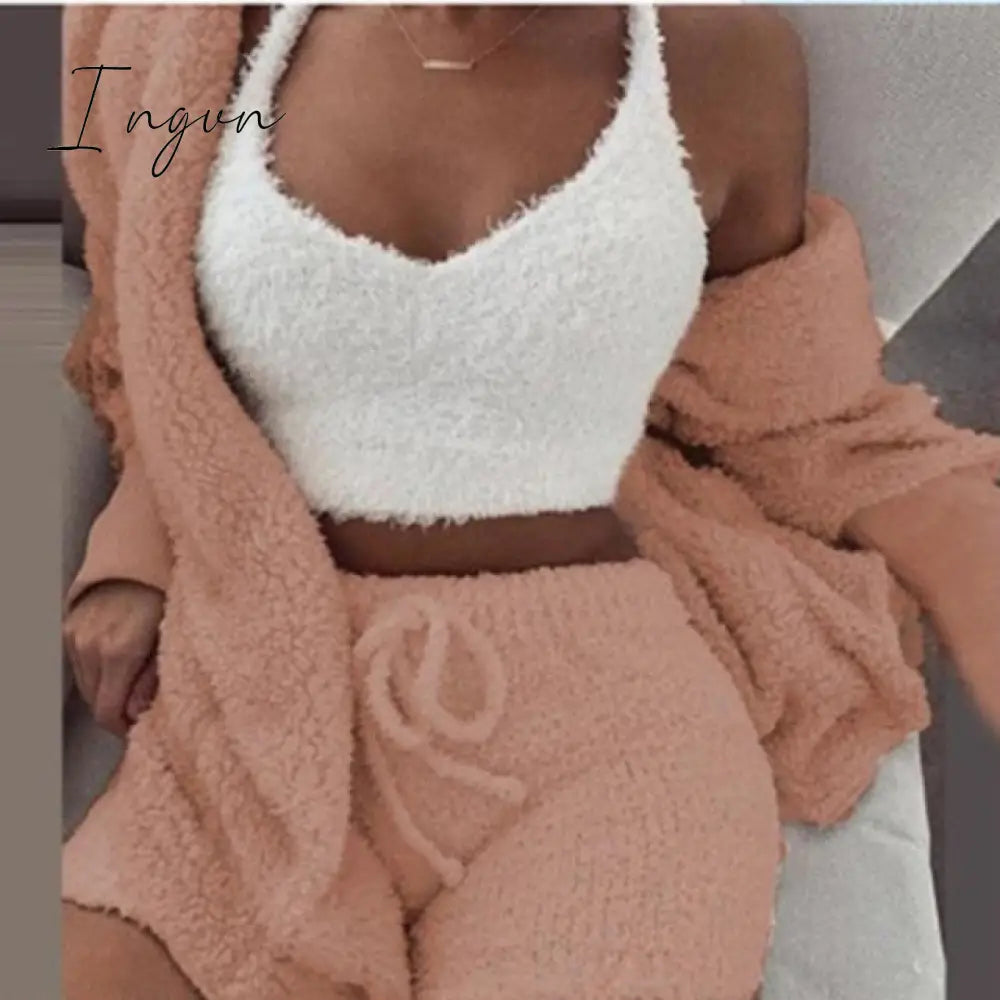 Ingvn - Three Piece Sexy Fluffy Outfits Plush Velvet Hooded Cardigan Coat+Shorts+Crop Top Women Tracksuit Sets Casual Sports Sweatshirt