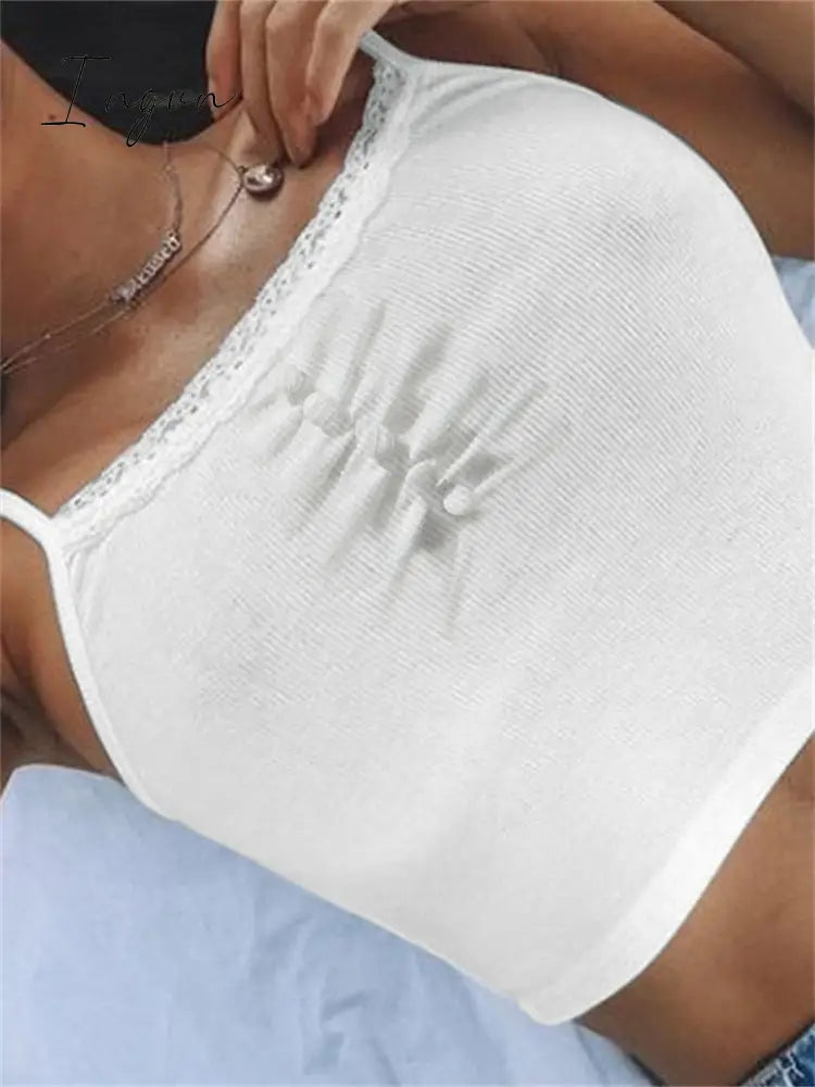 Ingvn - Womens Fashion Streetwear Lace Patchwork Summer White Tank Top Women Home Y2K Fashion Leisure Outfit Basic Casual Crop Tops Kawaii Clothes