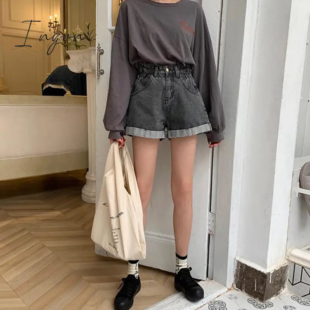 Ingvn - New Summer High Waist Denim Shorts Women Casual Loose Ladies Fashion Plus Size Elastic Waist Wide Leg Short Jeans Female