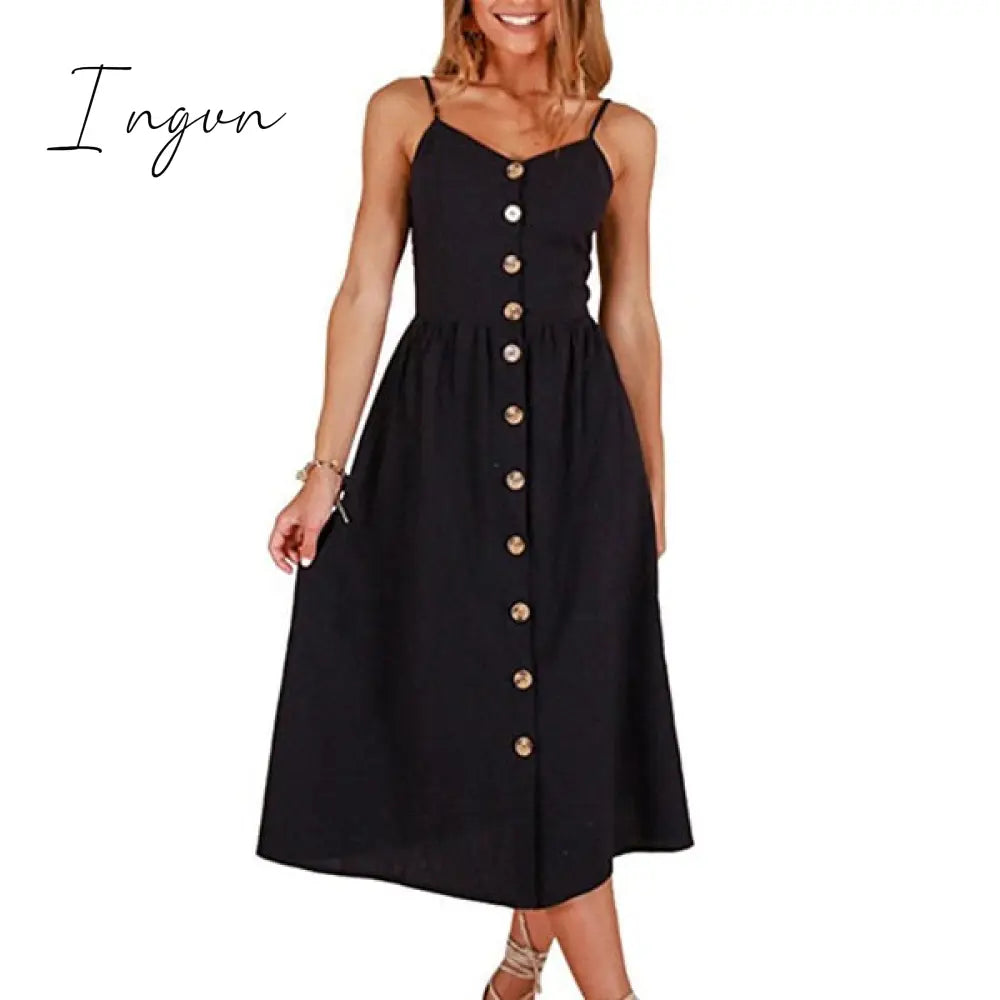Ingvn - Boho Sexy Floral Dress Summer Vintage Casual Sundress Female Beach Dress Midi Button Backless Polka Dot Striped Women Dress