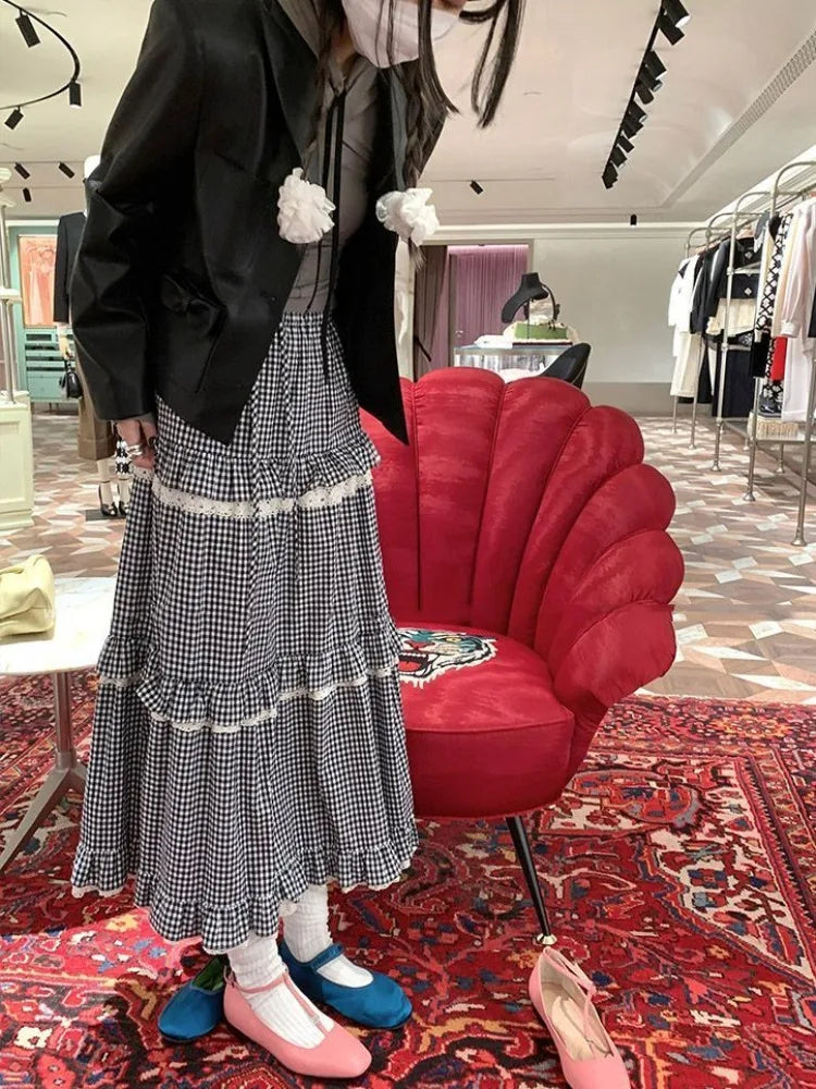 Japanese Vintage Lace Cake Skirt Plaid Edge of Fungus Skirts for Woman Summer Slim Long Dress Korean Fashion Faldas