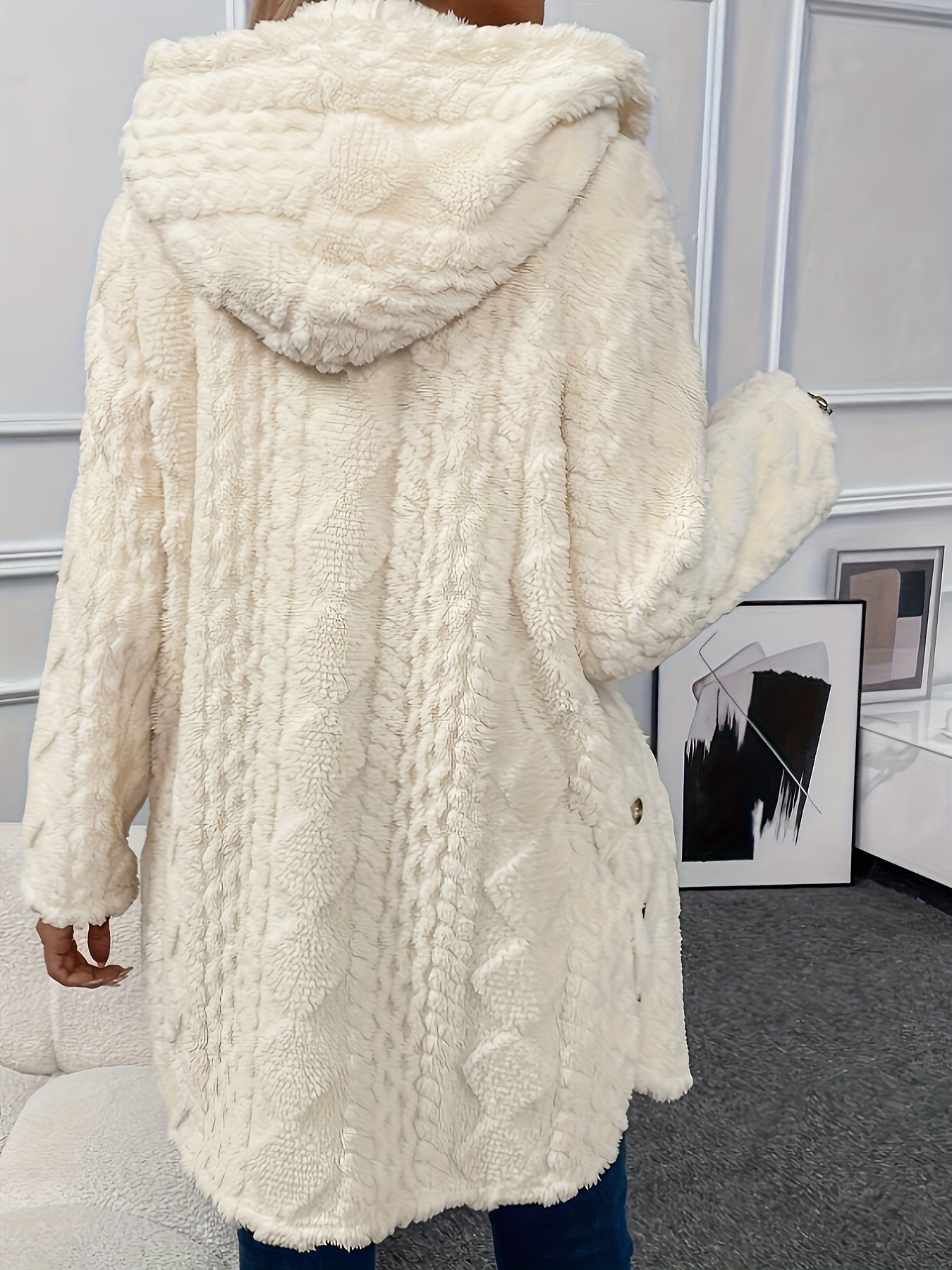 Solid Button Up Hooded Teddy Coat, Elegant Long Sleeve Split Side Faux Fur Outwear, Women's Clothing