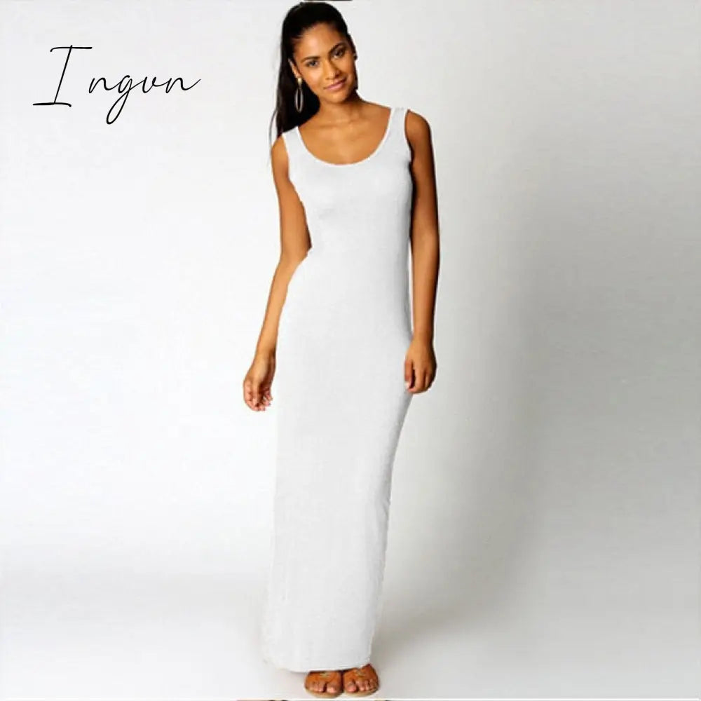 Ingvn - High Stretch Tank Robe Spring Summer Thin Long Dress Vestidos Elegant Women Sexy Dress O-neck Sleeveless Slim Maxi Dress