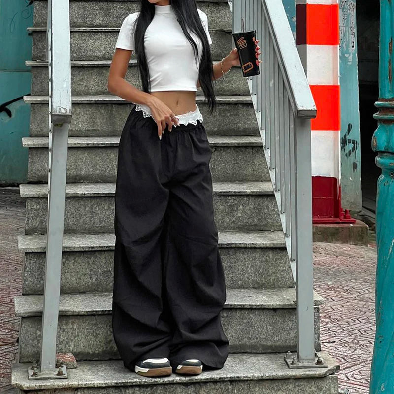 Contrast Lace Stitching Wide Leg Pants Streetwear y2k Low Rise Loose Black Trousers for Women Korean Fashion Baggy Capris