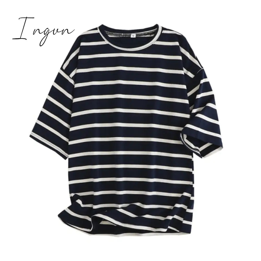 Ingvn - Women Striped Cotton T Shirt Short Sleeve O Neck Tees Ladies Casual Tee Shirt Street Wear Top 6L42