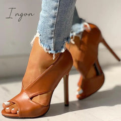 Ingvn - Solid Peep Toe Cut Out PU Thin Heels