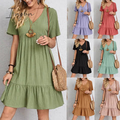 Ingvn - Spring summer v-neck floral short-sleeved dress