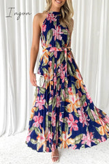Ingvn- Vintage Elegant Floral Frenulum Halter Printed Dress Dresses