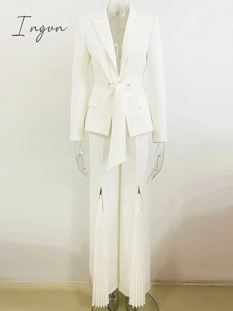Ingvn - HIGH QUALITY Newest Fashion 2023 Designer Suit Set Women's Lacing Belt Blazer Pleated Zip Pants Set 2pcs Set