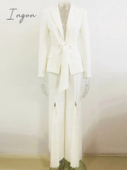 Ingvn - HIGH QUALITY Newest Fashion 2023 Designer Suit Set Women's Lacing Belt Blazer Pleated Zip Pants Set 2pcs Set