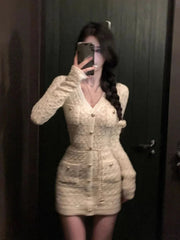 French Elegant Slim Knitted Dress Short Party One Piece Dress Korean Fashion Winter Sexy Bodycon Y2k Mini Dress Woman Chic