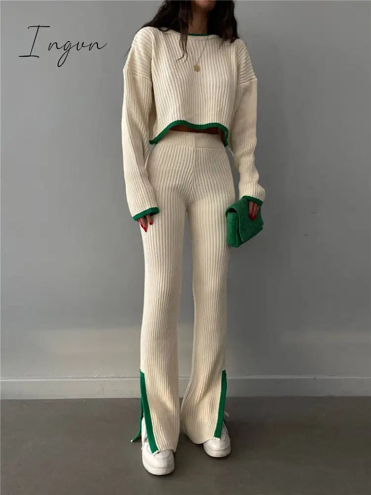 Ingvn - Clothes Outfits For Women Tracksuits Casual Tops Pants Slit Set Solid Knit Sweaters 2 Piece Matching Sets Elegant