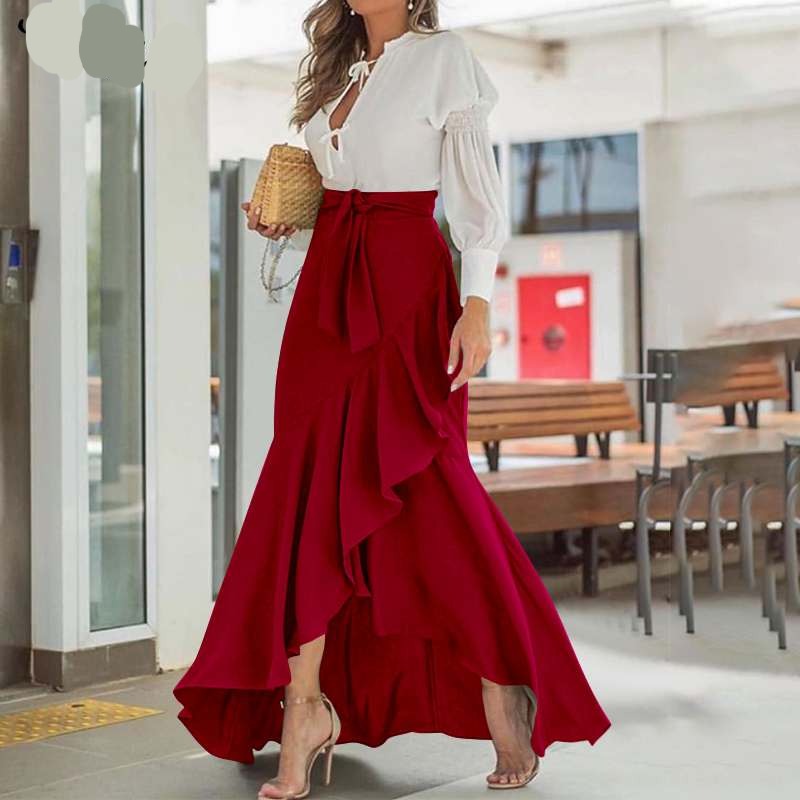 Long Skirt Fashion Women Fishtail Maxi Skirts High Waist Belted Party Jupe Sexy Casual Loose Holiday Ruffles Skirts