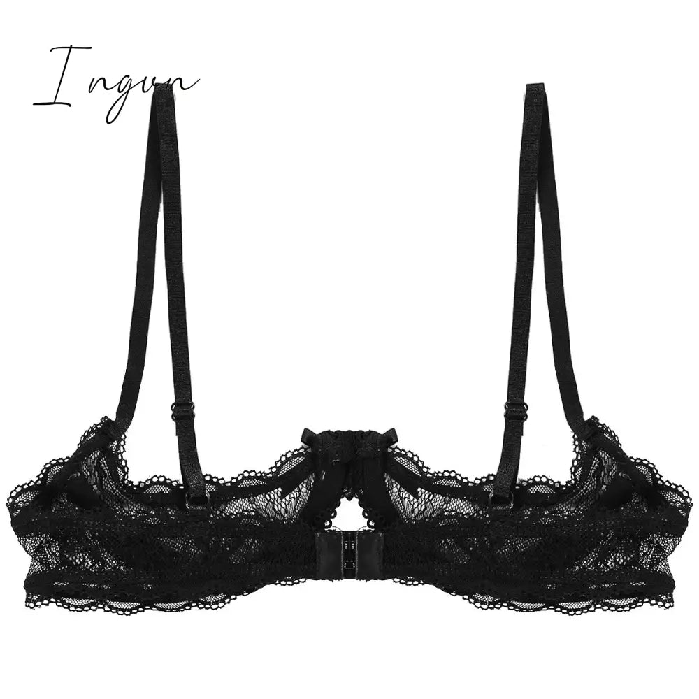 Ingvn - Women See Through Sheer Lace Hollow Out Lingerie Adjustable Spaghetti Shoulder Straps Open Cups Bra Push Up Underwire Bra Tops