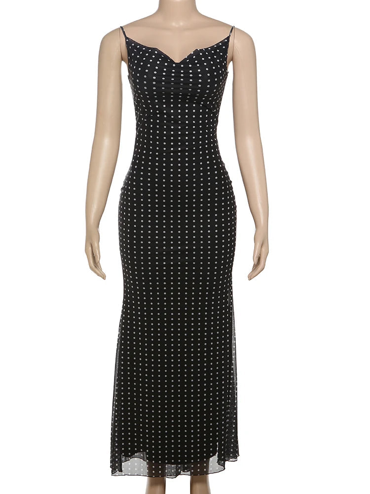 Fashion Polka Dot Print Maxi Dress Women Bandage Backless v-Neck Mesh Elegant Simple Temperament Casual Street Vestidos