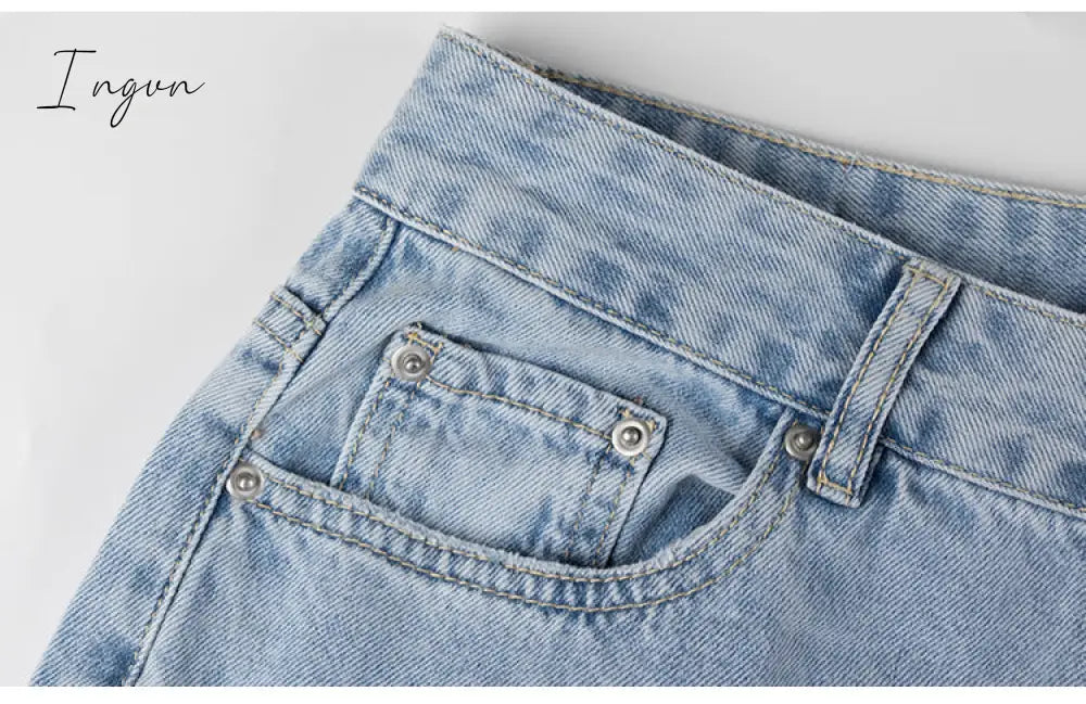 Ingvn - Womens Loose Fit Jeans Ripped Wide Leg For Women High Waist Blue Wash Casual Cotton Denim Trousers Summer Baggy Jean Pants