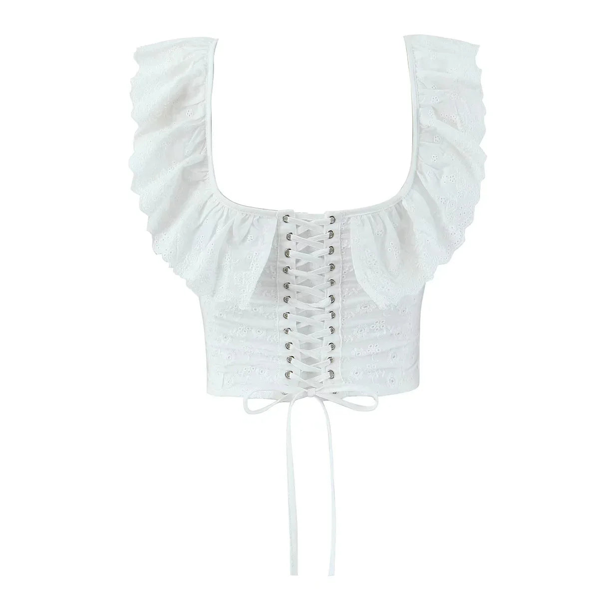 Lace Ruffles Corset Short Vest Women Backless Off Shoulder Cropped Tops 2025 Summer Fishbone Party Club Slim White Tops Clothes