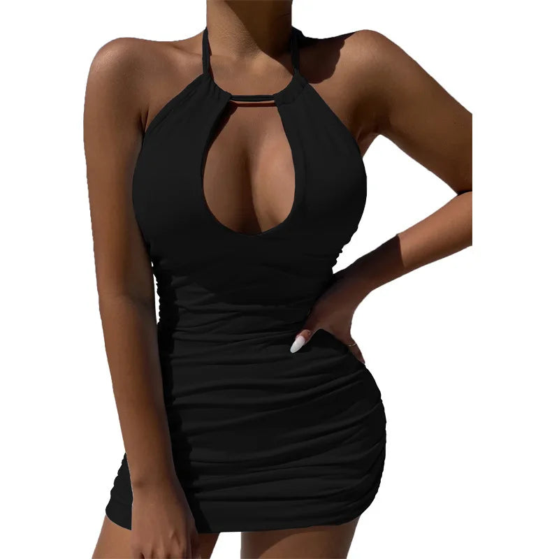 Y2K Summer new lace up Halter backless dress European and American sexy hollow pleated Hip Wrap Skirt