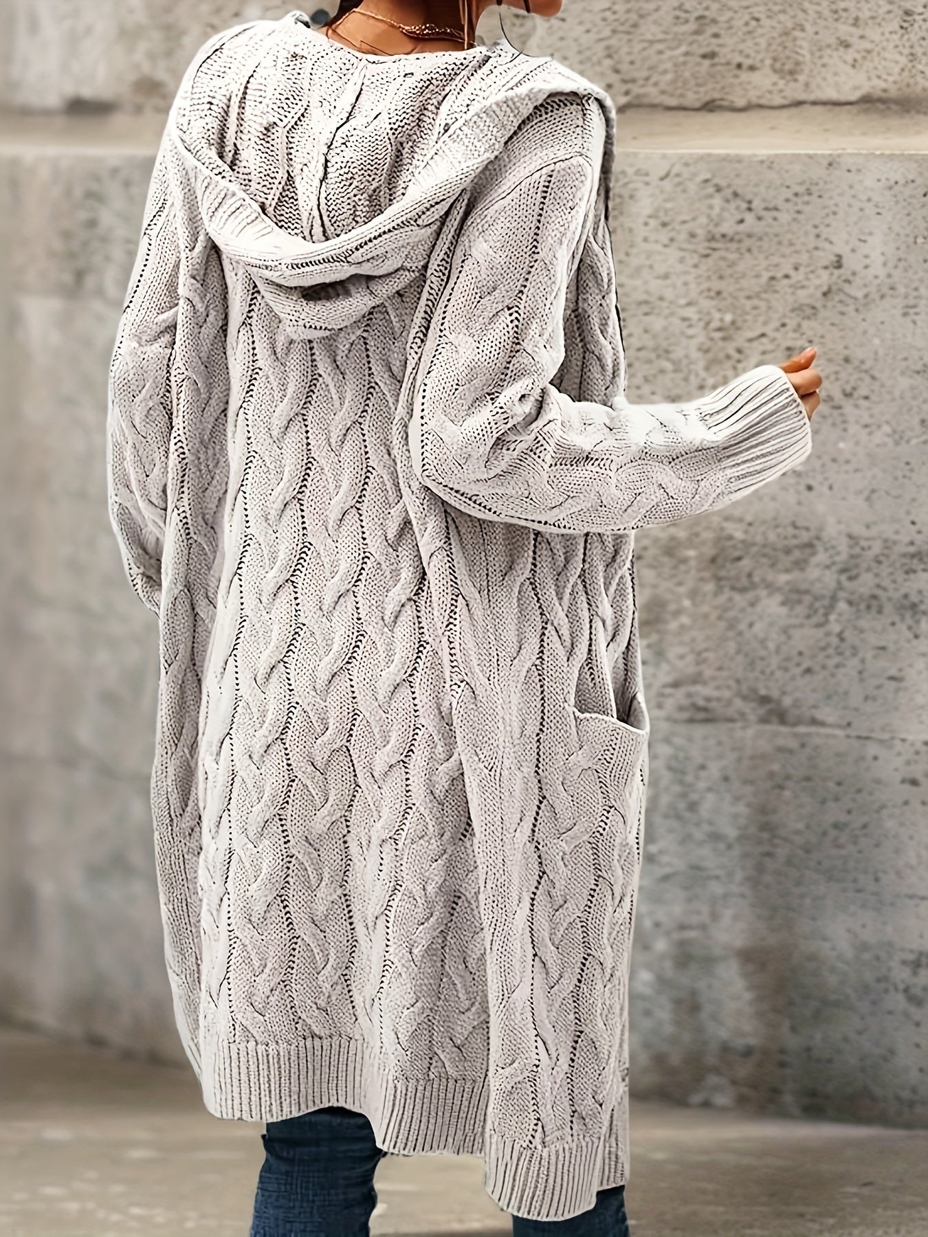 Cozy Micro-Elastic Plus Size Women's Long Sleeve Open Front Hooded Cardigan with Pockets for Casual Daily Wear - Solid Cable