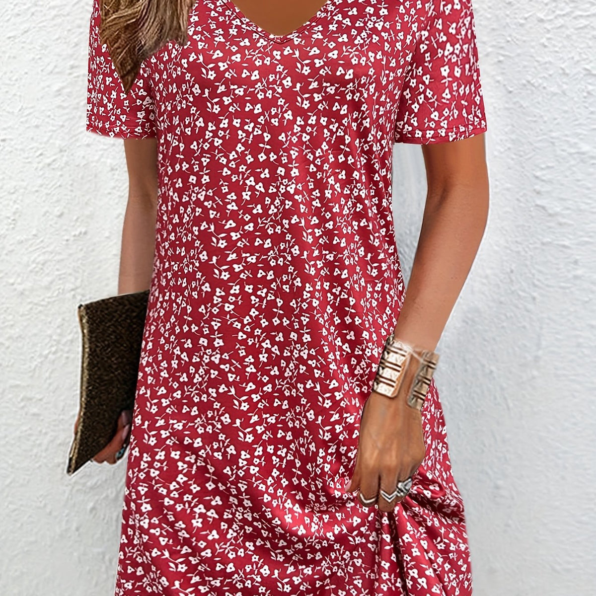 Flattering V Neck Allover Print Dress - Casual Short Sleeve for Spring & Summer - Lightweight, Flowy Womens Clothing for Everyday Chic