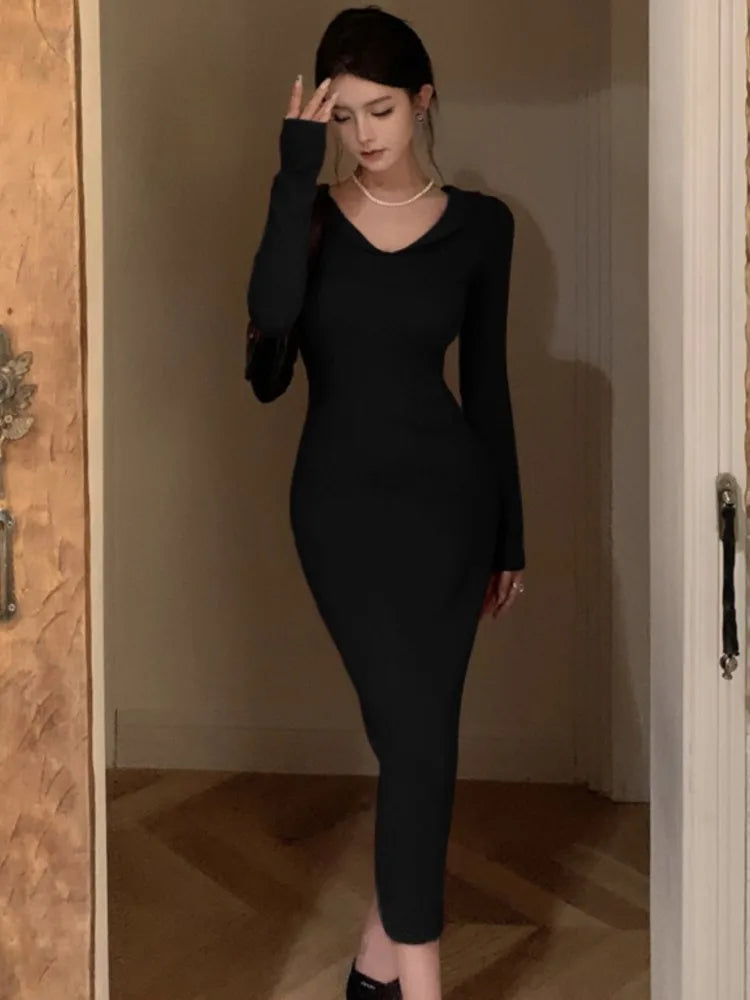 Elegant Knitted Dresses for Women Vintage V-Neck Long Sleeves Party Midi Dress Autumn Solid Prom Vestidos Female Casual Clothing