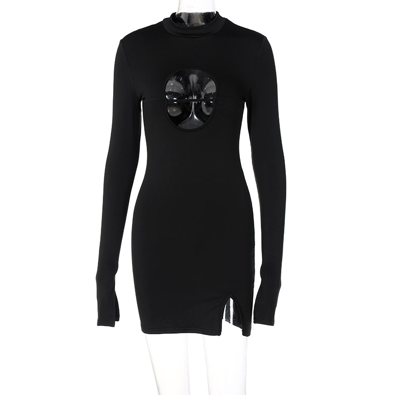 Long Flare Sleeve O Neck Bodycon Hollow Out Mini Dress Autumn Winter Women Fashion Outfit Y2K Slim Streetwear