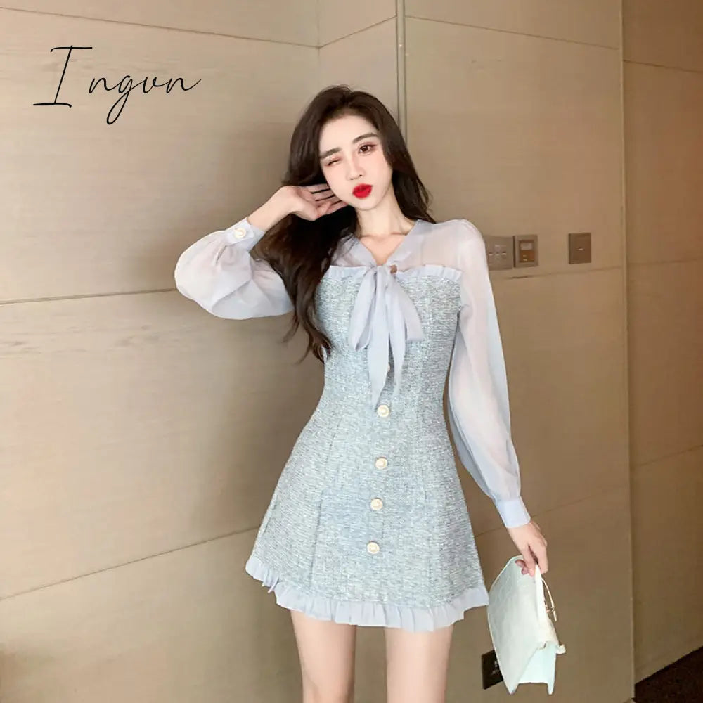 Ingvn - New Spring Vintage Sexy See-through Chiffon Patchwork Tweed Mini Dress Women Ribbon Bow Single-breasted Long Sleeve Party Dress