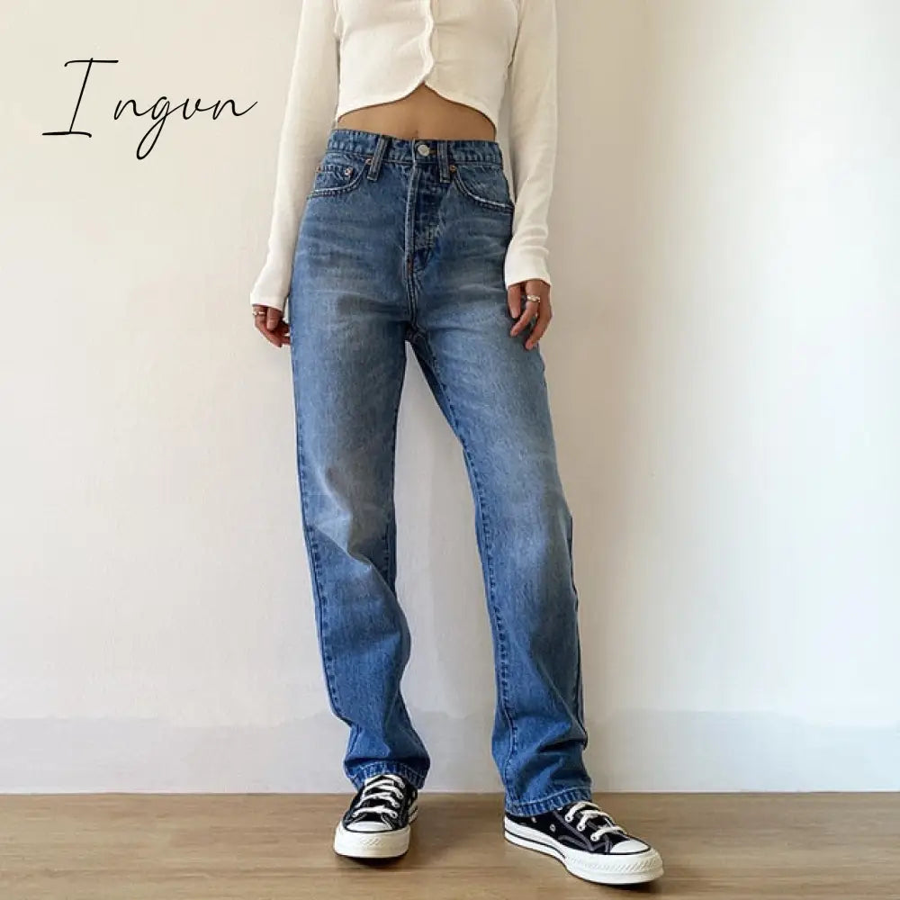 Ingvn - Jsvery Women's Jeans Baggy Jeans For Women Mom Jeans High Waist Blue Loose Washed Fashion Straight Denim Pants Vintage Streetwear