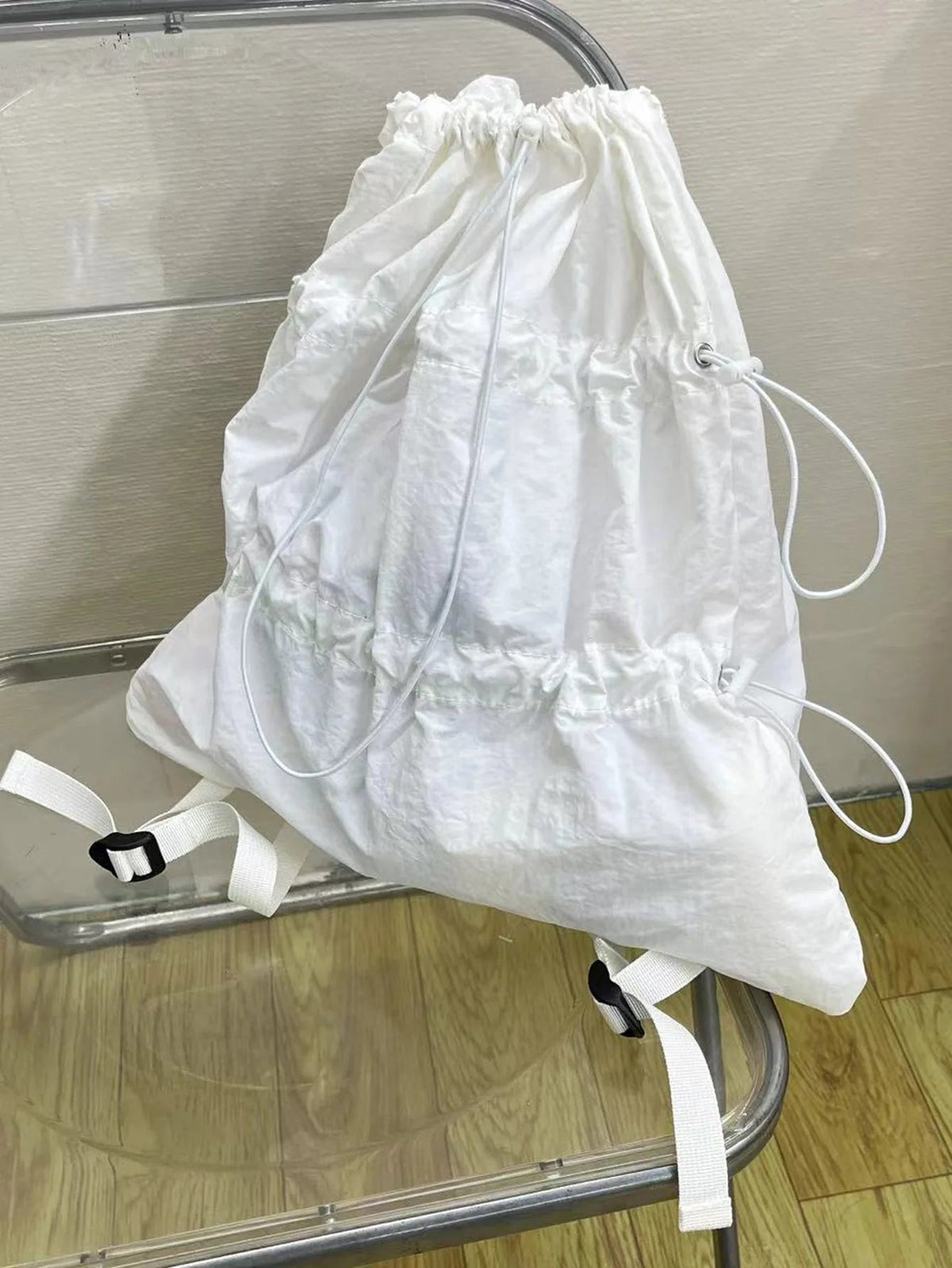 Ingvn  White Drawstring Backpack for Women  Korean Lazy Style Drawstring Backpack, Lightweight Nylon Water-repellent Backpack