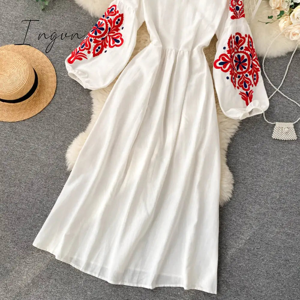 Ingvn - Women Autumn Dresses Bohemian Embroidered Flower O-Neck Lantern Sleeve High Waist Pleated Dress All-match Female Vestidos GK393