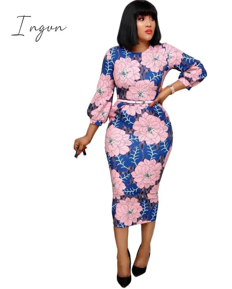 Ingvn - Women Bodycon Printed Dress Three Quarter Sleeves Midi Office Ladies Work Wear Elegant Classy Vestidos African Female Plus Size