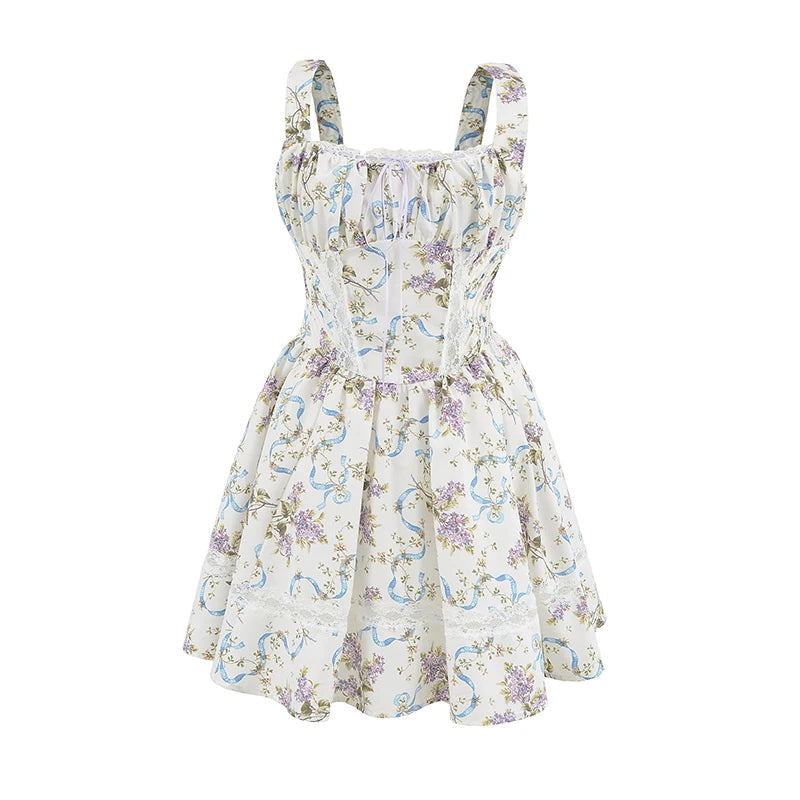 Floral Print Tank Mini Dress Women Lace Spliced O Neck Sleeveless A-line Holiday Casual Summer Dresses Party Robe