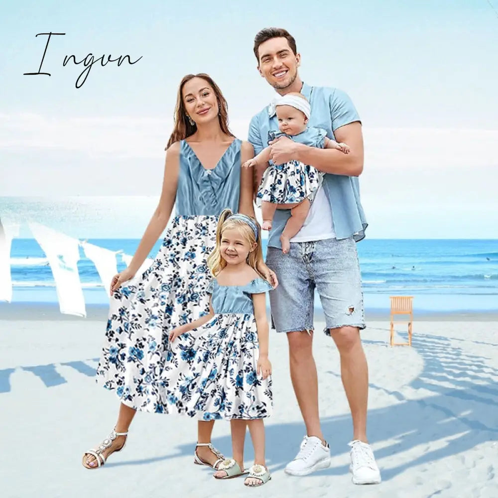 Ingvn - Trends Summer And Spring Mosaic Cotton Family Matching Floral Sets Flounce Dresses And Denim Tops Short Long Sleeve Family Look