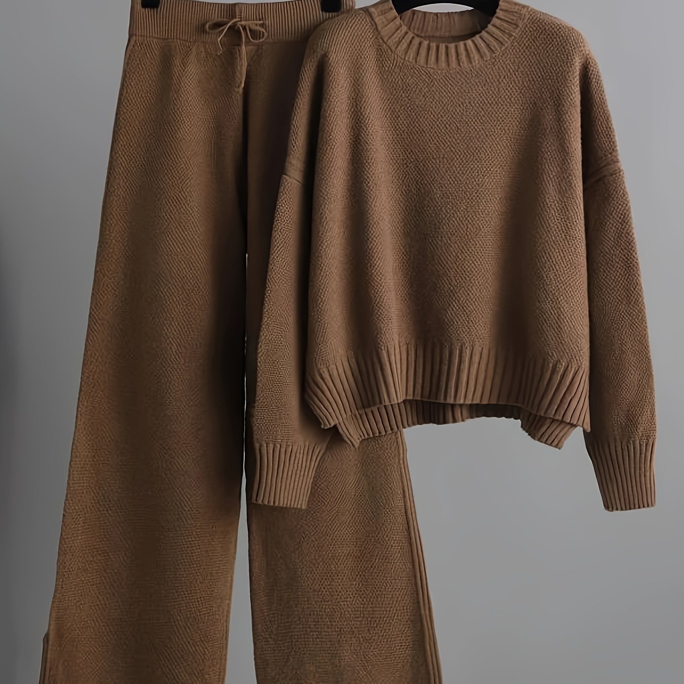 Cozy Knit Pants Set - Soft Long Sleeve Crew Neck Drop Shoulder Sweater, Drawstring Waist Wide Leg Pants, Comfortable Women's Clothing Outfit for Casual Daily Wear - Autumn Winter Fashion Essentials
