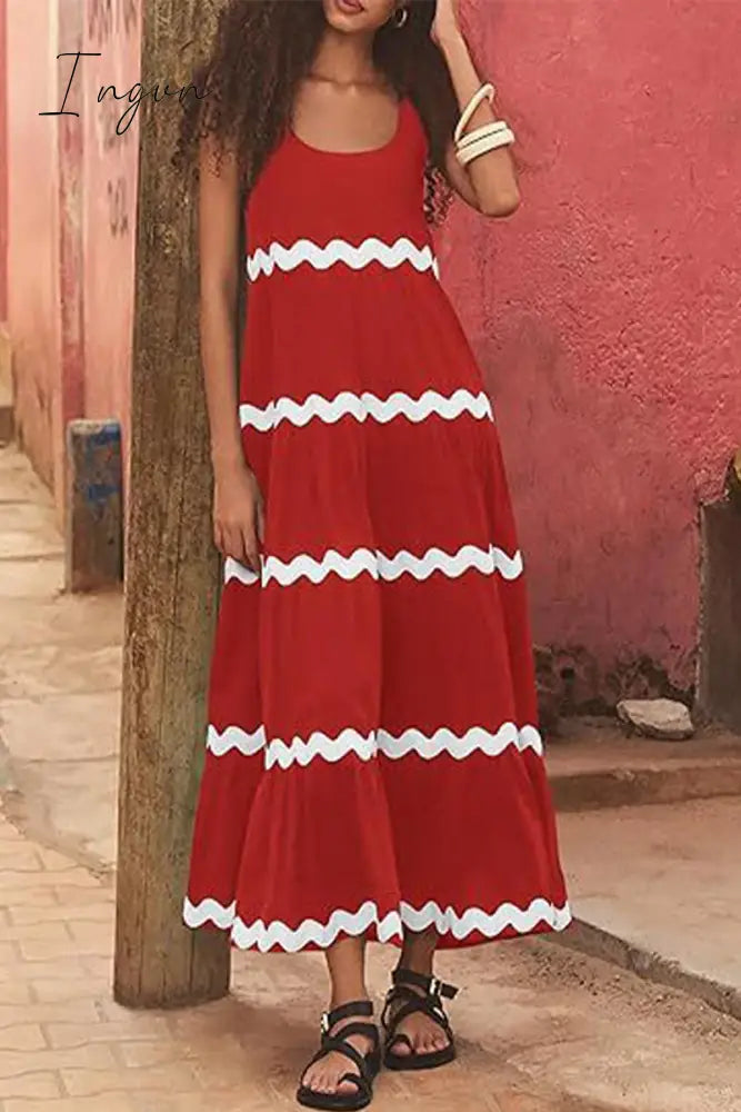 Ingvn - Sexy Simplicity Print Ripple Contrast U Neck Sleeveless Dress Dresses