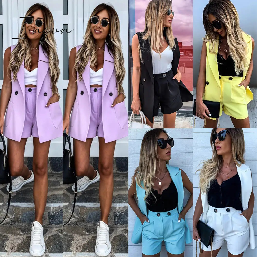 Ingvn - Women Sleeveless plaid button up elastic waist Blazer Top and pocket short Set Elegant Office Ladies Suits Women Workwear