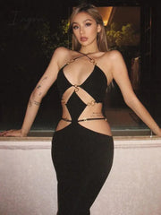 Ingvn - Strapless Metal Ring Cut Out Maxi Dress Women Black Halter Low Cut Backless Hollow Out Bodycon Sexy Party Long Dress