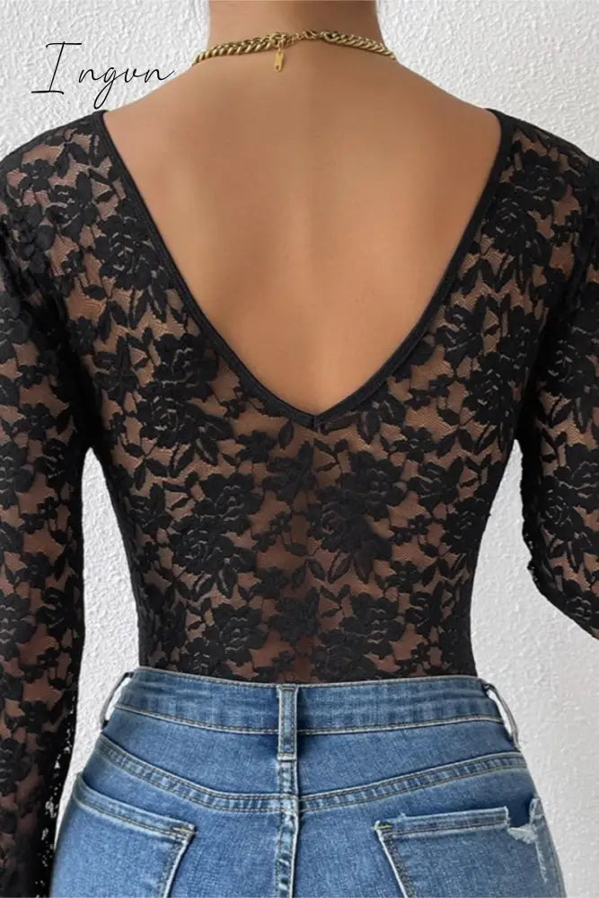 Ingvn- Sexy Solid Patchwork See-through Backless V Neck Skinny Bodysuits