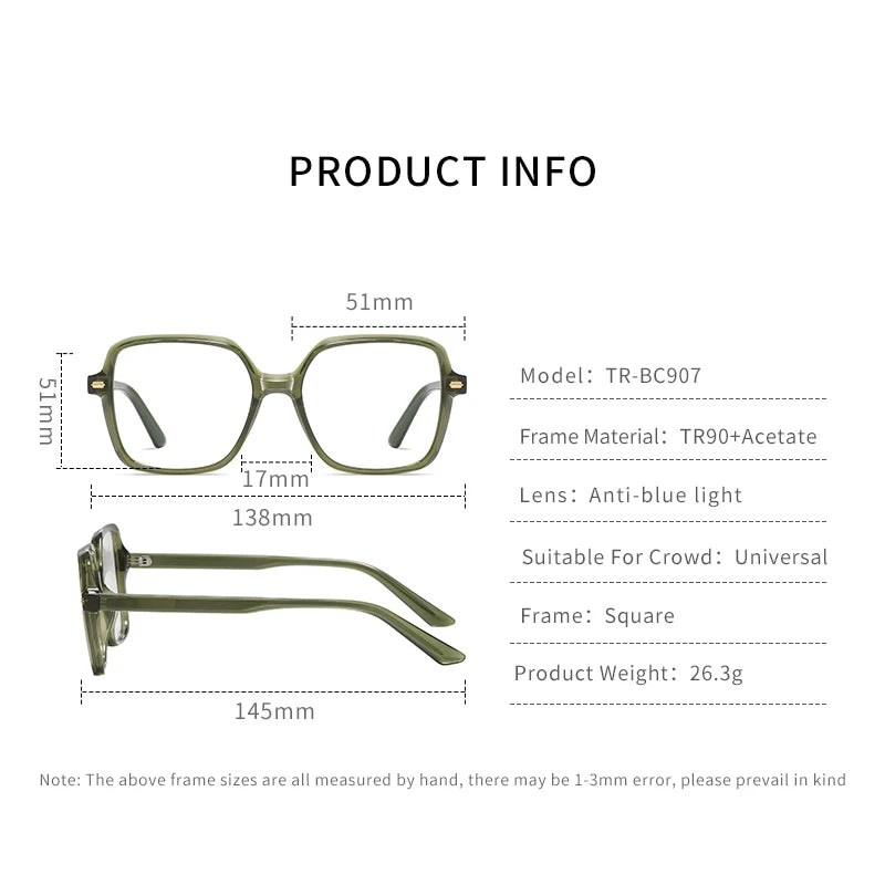 INGVN  Women Fashion Acetate Blue Light Blocking Computer Glasses Without Degrees Female Square Eyewear Spectacles Frames