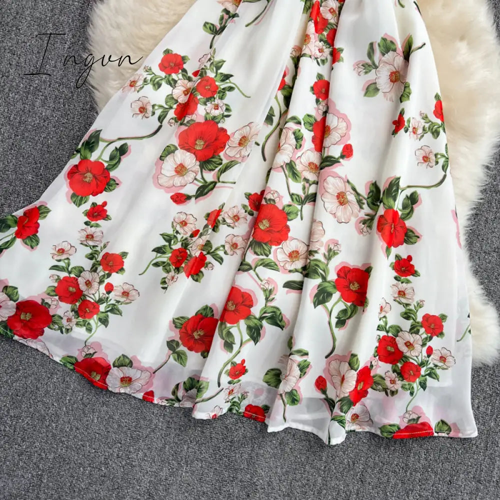 Ingvn - Summer Outfits Ladies French Retro V-neck Floral Women Dress Elegant Draped Flowers Short Puff Sleeves Slim Fairy Mid-calf A-line Dress
