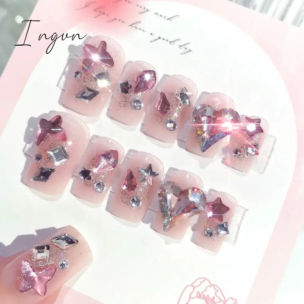 Glitter Fairy Rhinestone False nail Tips for Bride lady Wearable Sweet Crystal Design Press on Nails Mid Length Fake Nail Patch